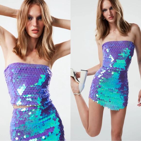 The New Arrivals by Ilkyaz Ozel Dione Sequin Strapless Lilac Crop Top Size 2 - Picture 2 of 9